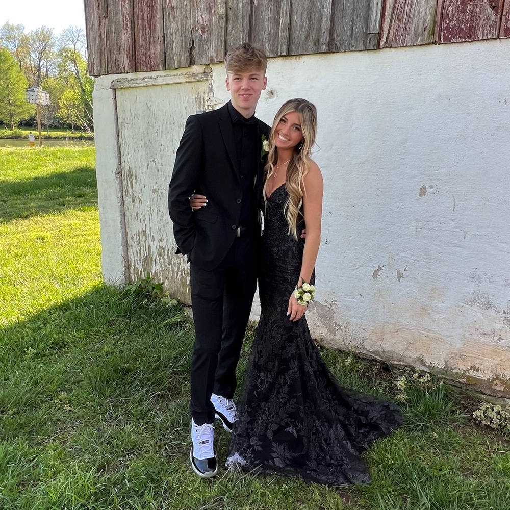 Black sparkly lace corset prom dress